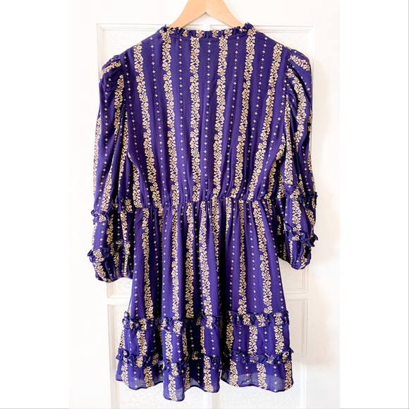 Valencia & Vine Emilie Sun Dress Gold Purple Large 3/4 Sleeves Ruffles Mini - Picture 8 of 10
